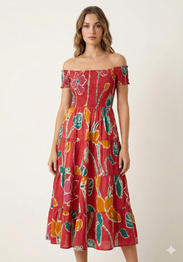 Women’s Red Floral Cotton Off-Shoulder Tiered Maxi Dress