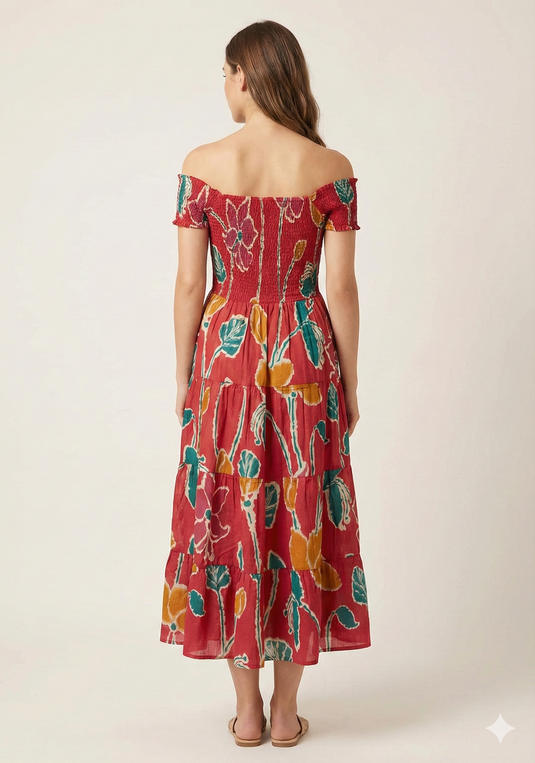 Women’s Red Floral Cotton Off-Shoulder Tiered Maxi Dress