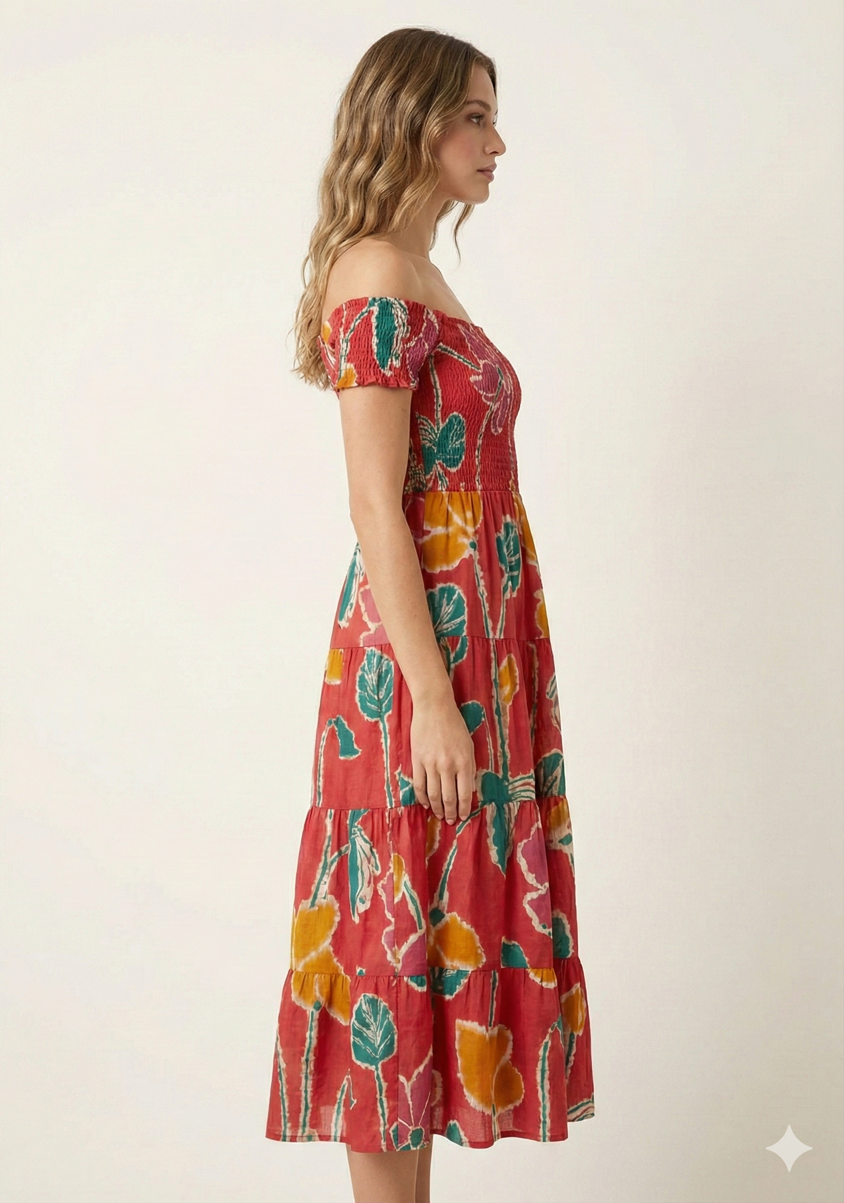 Women’s Red Floral Cotton Off-Shoulder Tiered Maxi Dress
