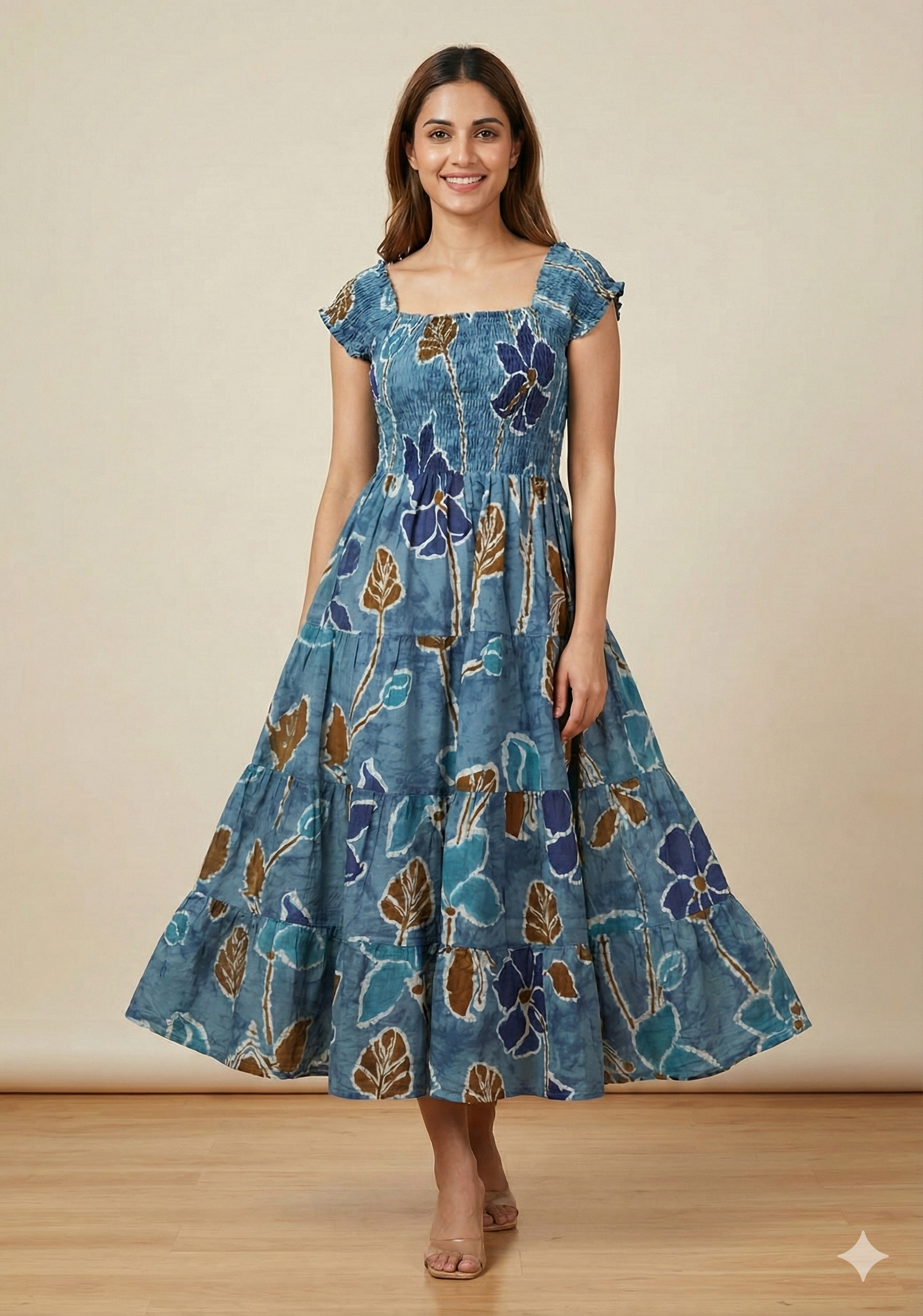 Women’s Blue Floral Cotton Off-Shoulder Tiered Maxi Dress