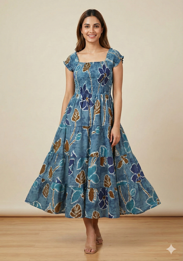 Women’s Blue Floral Cotton Off-Shoulder Tiered Maxi Dress
