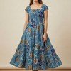 Women’s Blue Floral Cotton Off-Shoulder Tiered Maxi Dress