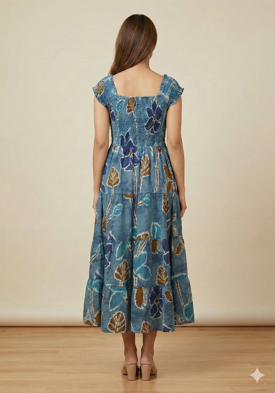 Women’s Blue Floral Cotton Off-Shoulder Tiered Maxi Dress