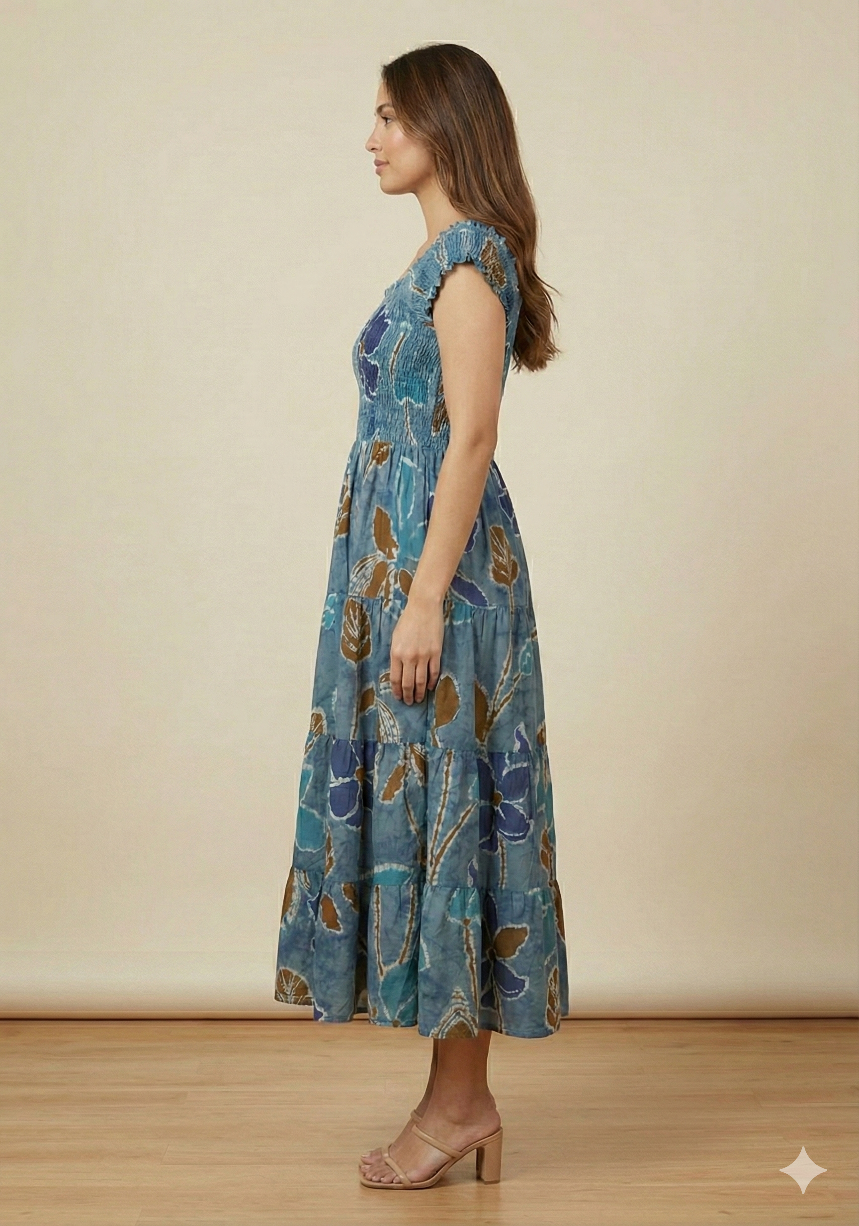 Women’s Blue Floral Cotton Off-Shoulder Tiered Maxi Dress
