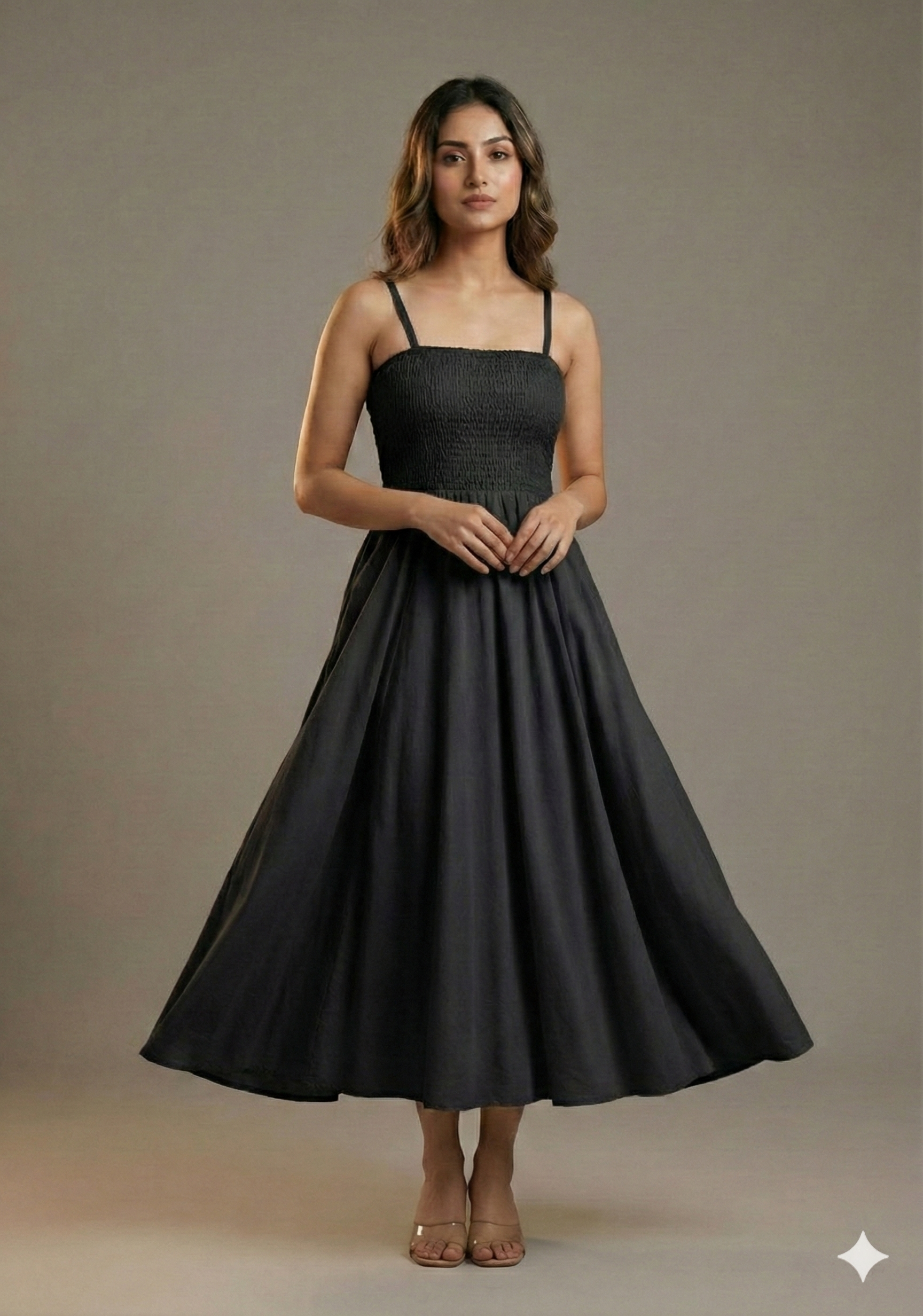 Women’s Rayon Black Smocked Bobbin Gown with Spaghetti Strap