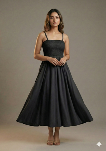 Women’s Rayon Black Smocked Bobbin Gown with Spaghetti Strap