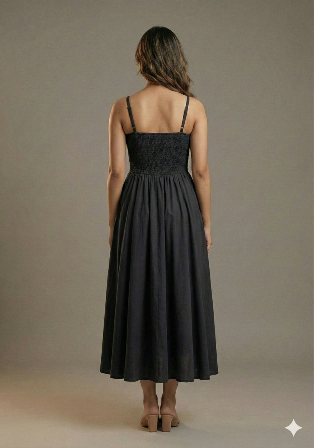Women’s Rayon Black Smocked Bobbin Gown with Spaghetti Strap