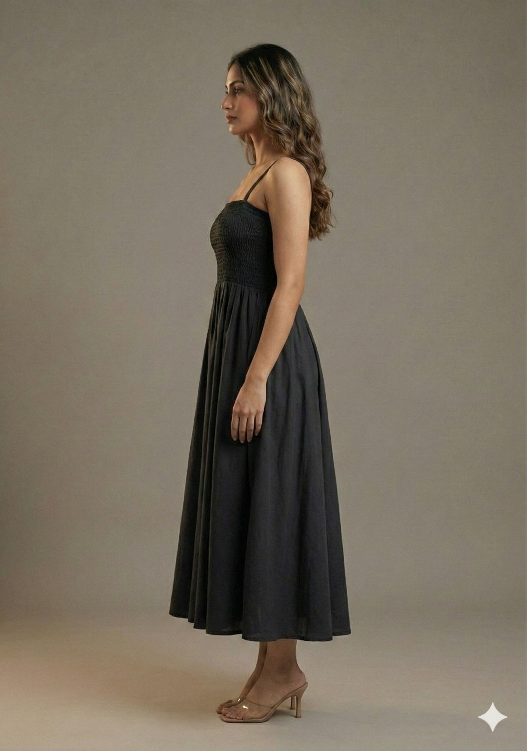 Women’s Rayon Black Smocked Bobbin Gown with Spaghetti Strap