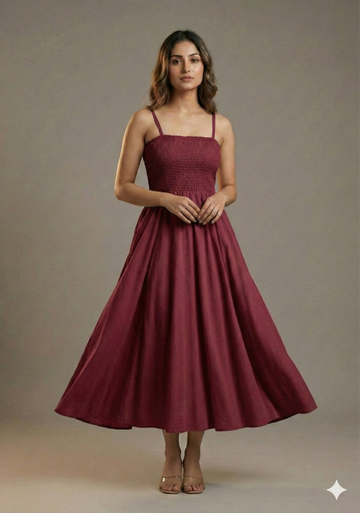 Women’s Rayon Maroon Smocked Bobbin Gown with Spaghetti Strap