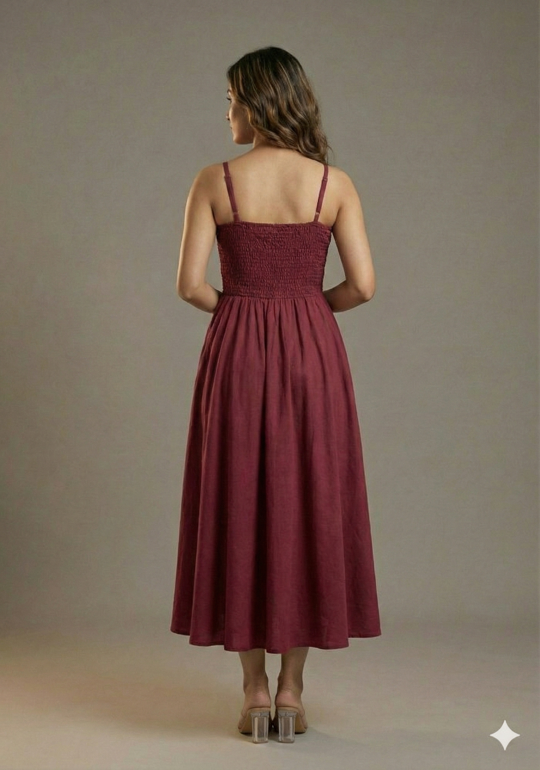 Women’s Rayon Maroon Smocked Bobbin Gown with Spaghetti Strap
