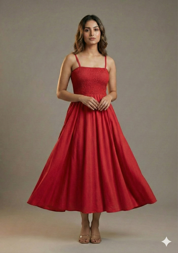 Women’s Rayon Red Smocked Bobbin Gown with Spaghetti Strap