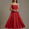 Women’s Rayon Red Smocked Bobbin Gown with Spaghetti Strap