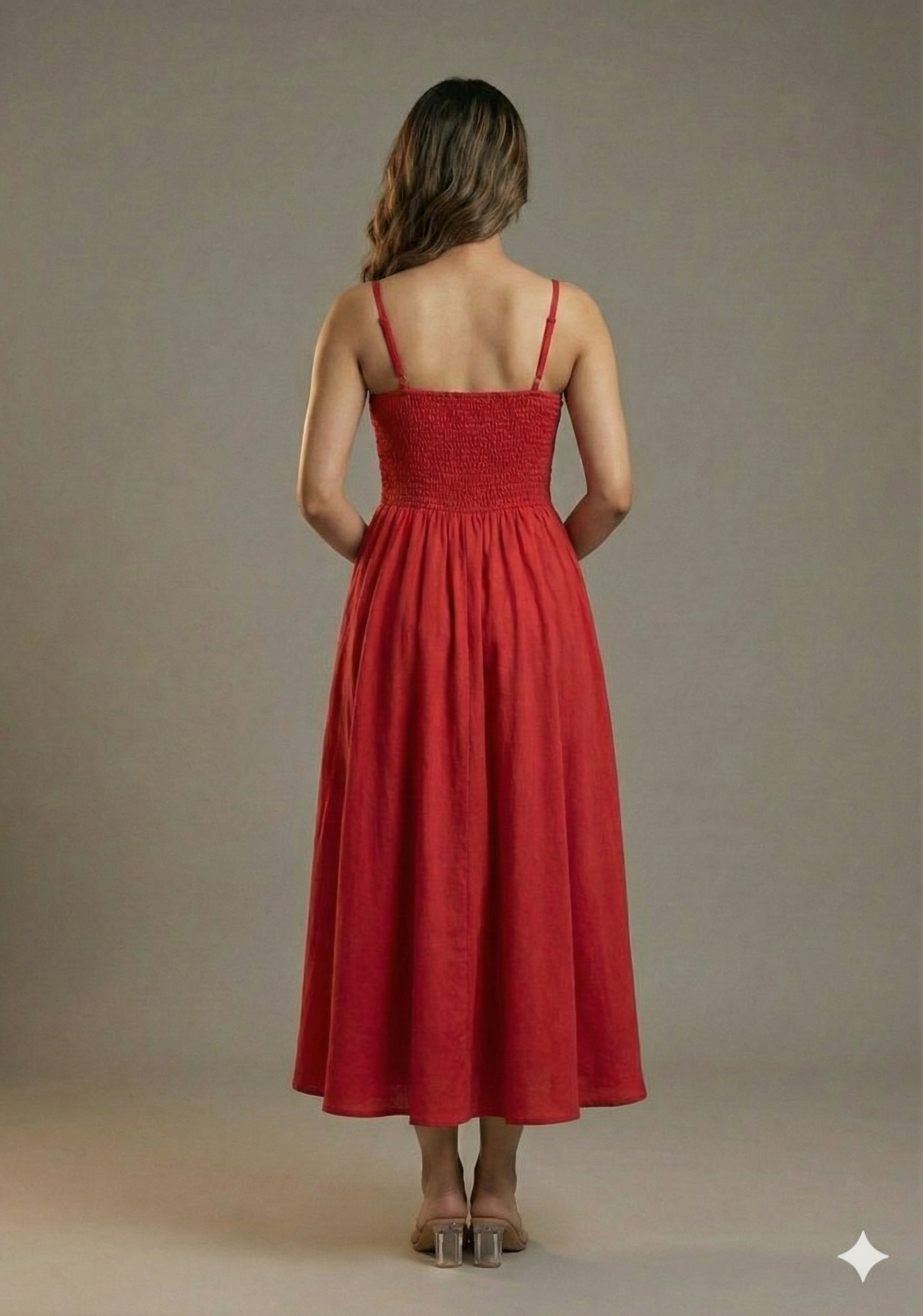 Women’s Rayon Red Smocked Bobbin Gown with Spaghetti Strap