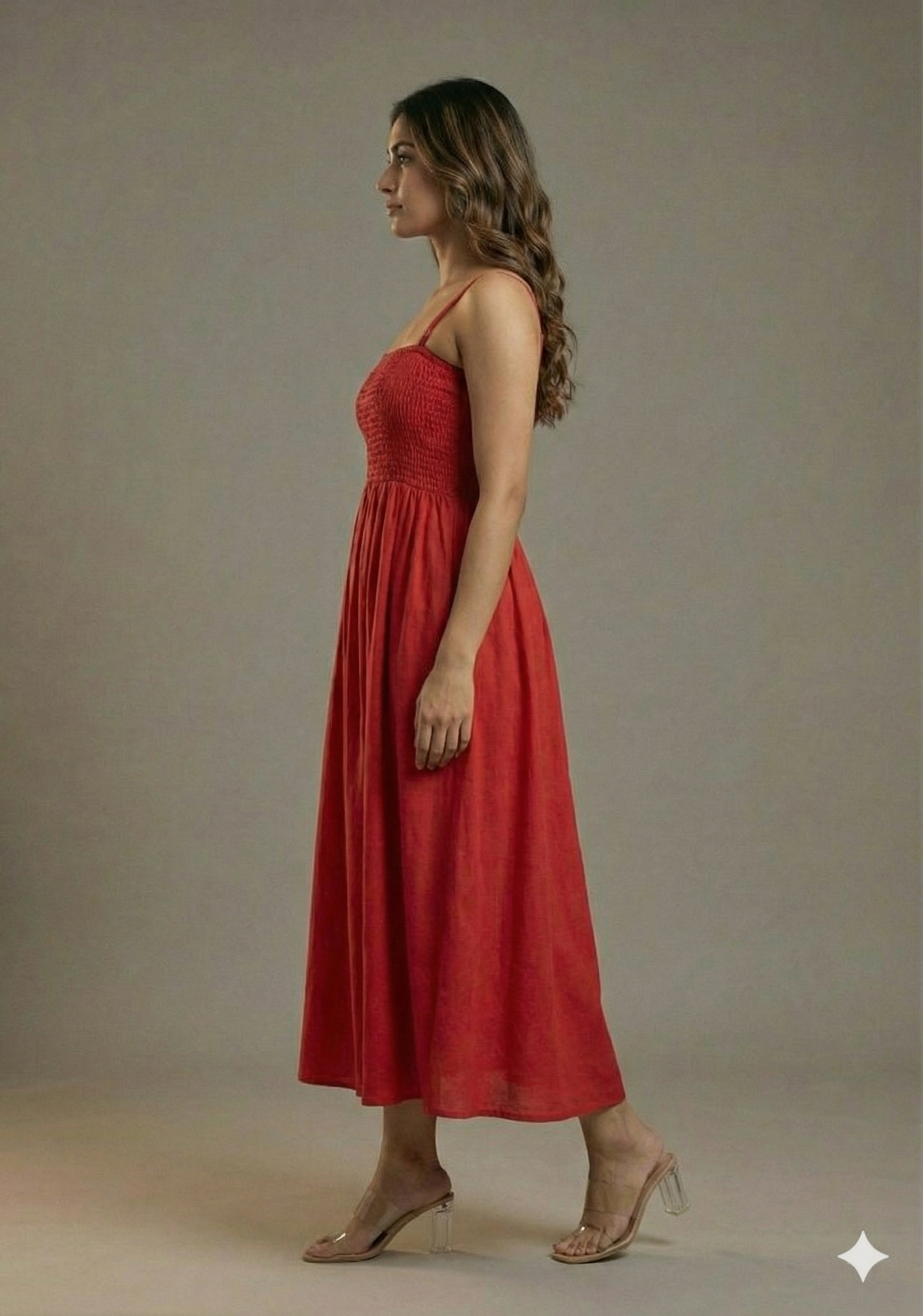 Women’s Rayon Red Smocked Bobbin Gown with Spaghetti Strap