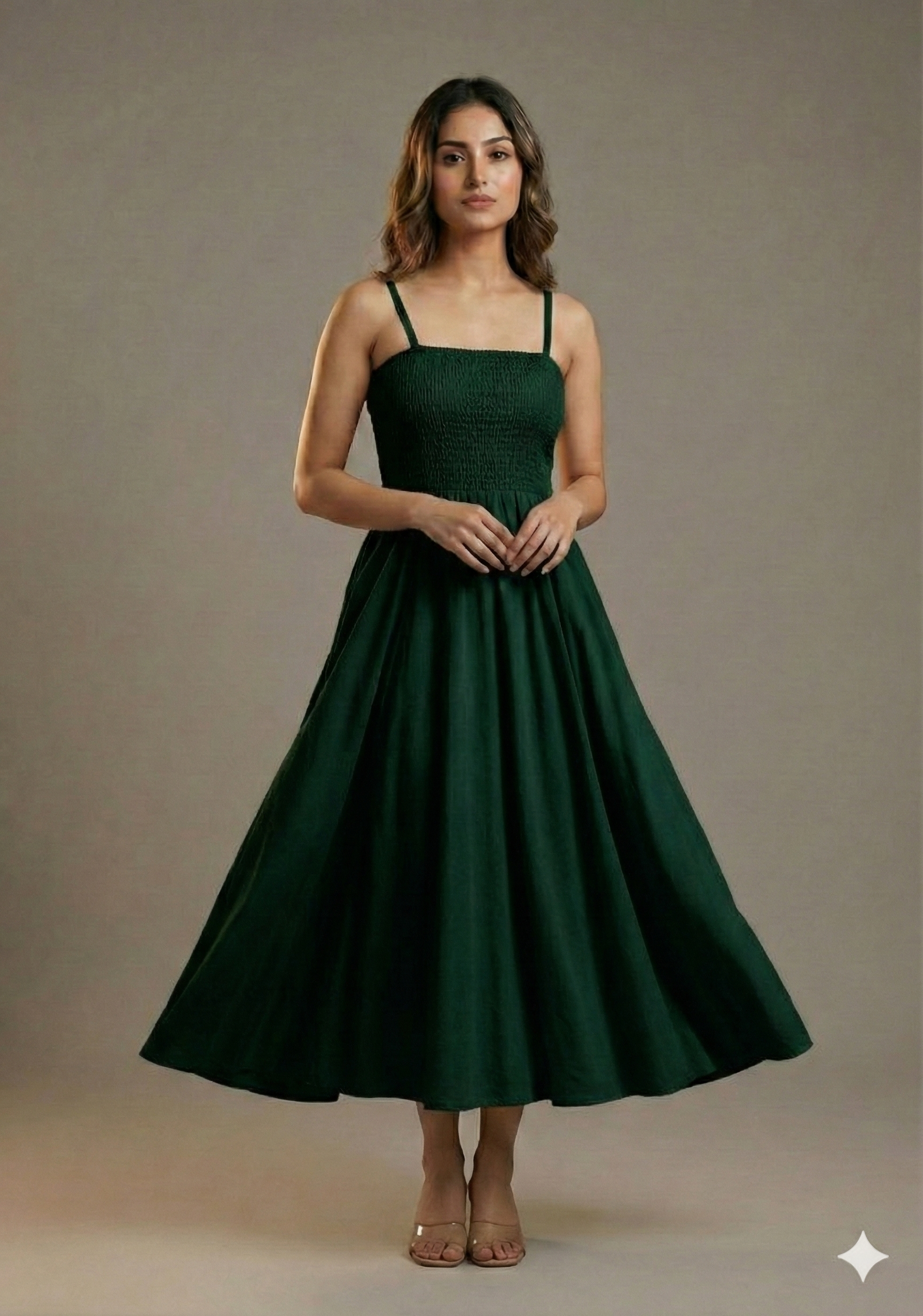 Women’s Rayon Bottel Green Smocked Bobbin Gown with Spaghetti Strap