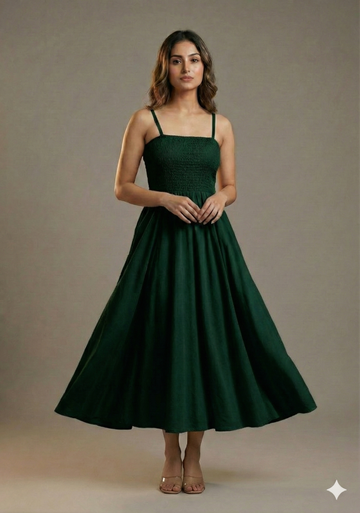 Women’s Rayon Bottel Green Smocked Bobbin Gown with Spaghetti Strap