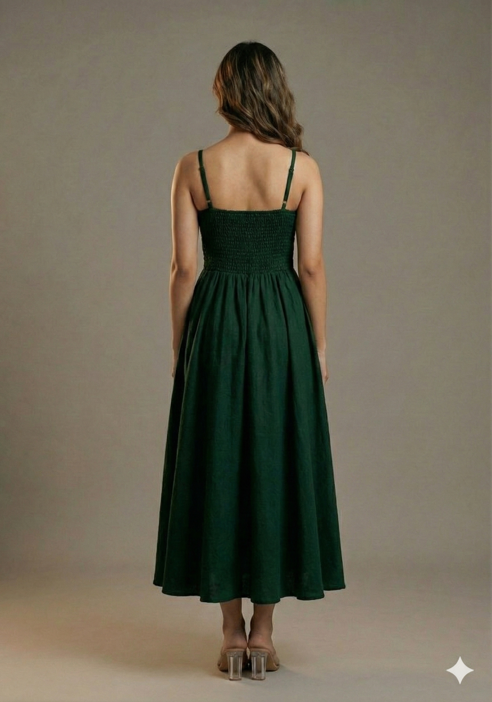 Women’s Rayon Bottel Green Smocked Bobbin Gown with Spaghetti Strap