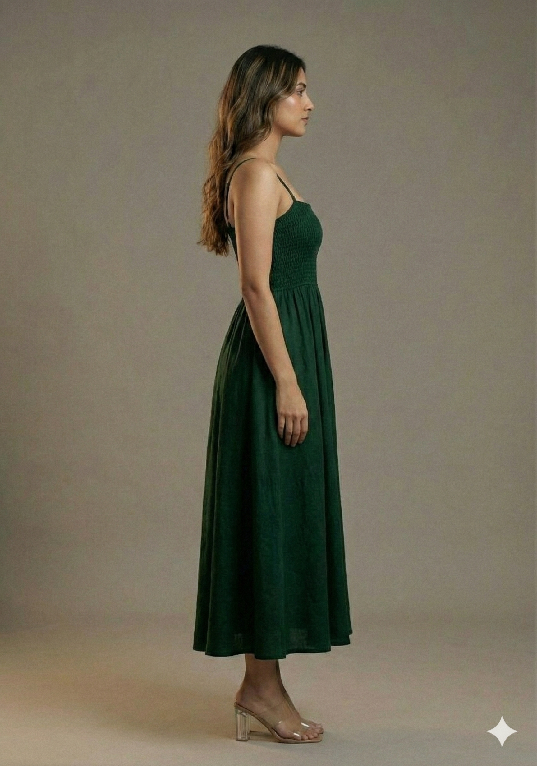 Women’s Rayon Bottel Green Smocked Bobbin Gown with Spaghetti Strap