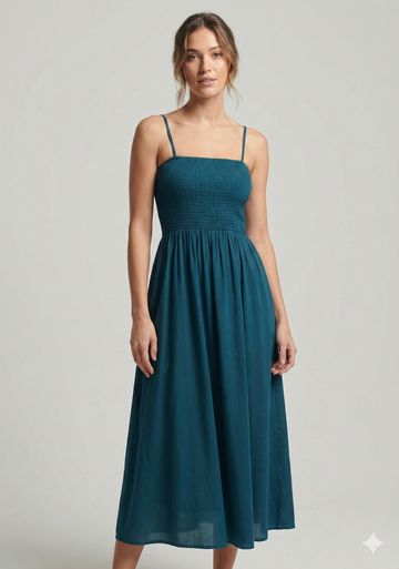 Women’s Rayon Teal Blue Smocked Bobbin Gown with Spaghetti Strap