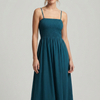 Women’s Rayon Teal Blue Smocked Bobbin Gown with Spaghetti Strap
