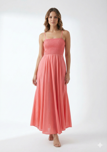 Women’s Rayon Peach Smocked Bobbin Gown with Spaghetti Strap