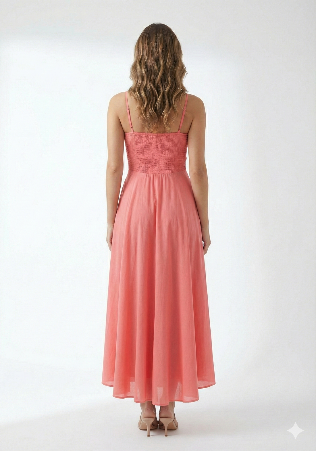 Women’s Rayon Peach Smocked Bobbin Gown with Spaghetti Strap