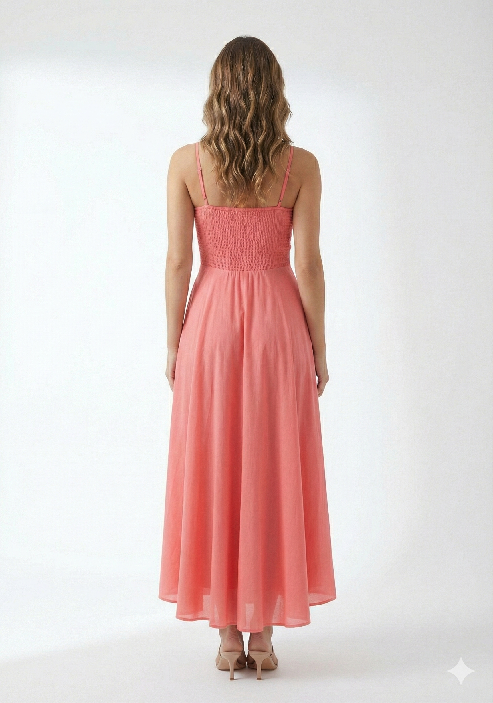Women’s Rayon Peach Smocked Bobbin Gown with Spaghetti Strap
