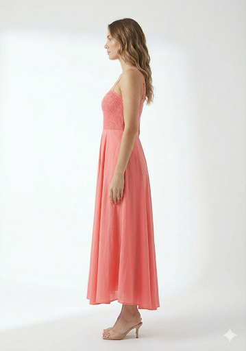 Women’s Rayon Peach Smocked Bobbin Gown with Spaghetti Strap