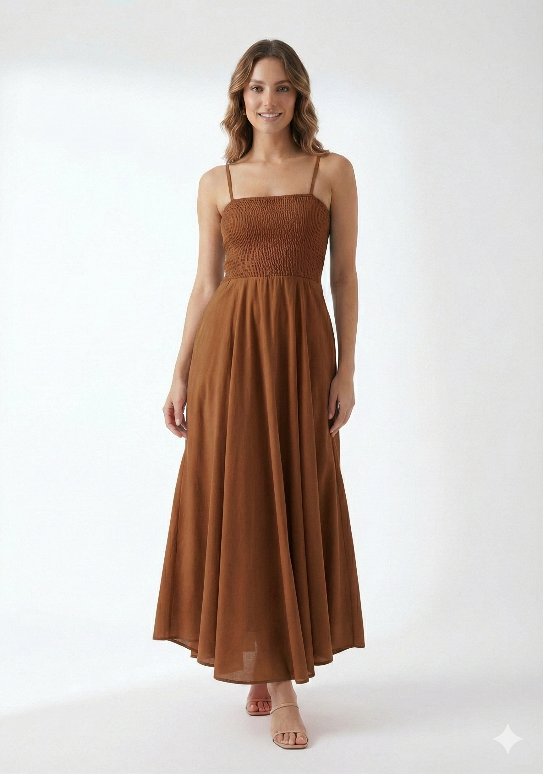 Women’s Rayon Brown Smocked Bobbin Gown with Spaghetti Strap