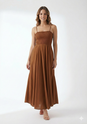 Women’s Rayon Brown Smocked Bobbin Gown with Spaghetti Strap