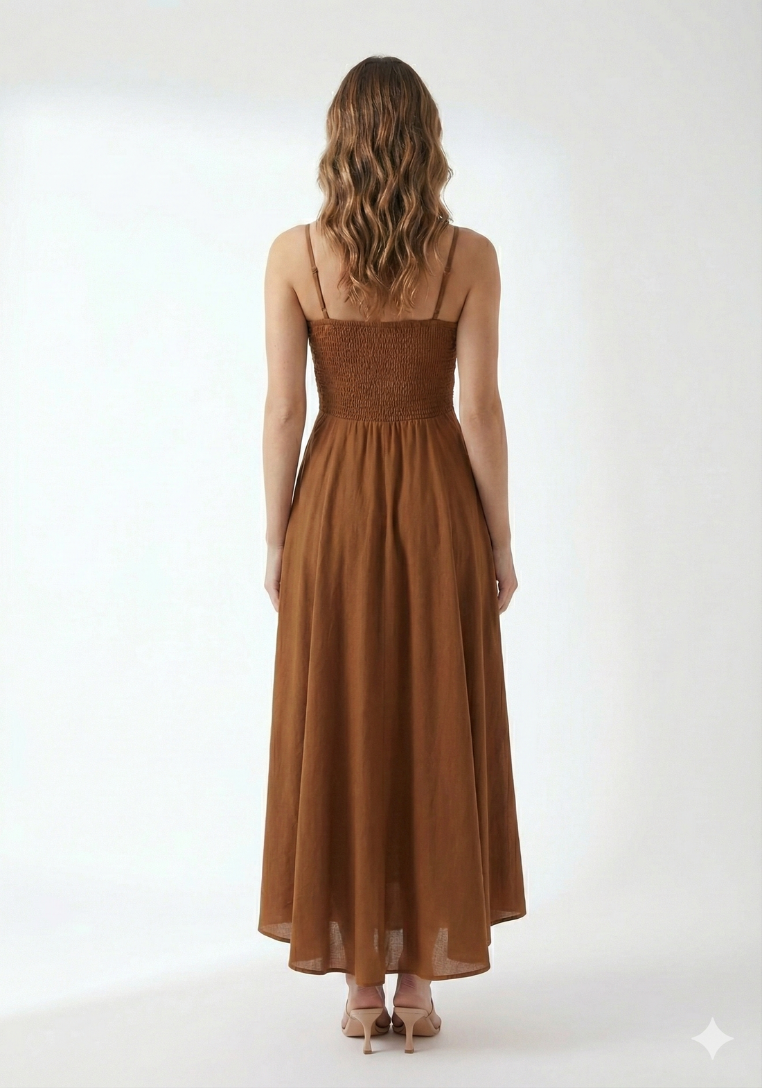 Women’s Rayon Brown Smocked Bobbin Gown with Spaghetti Strap