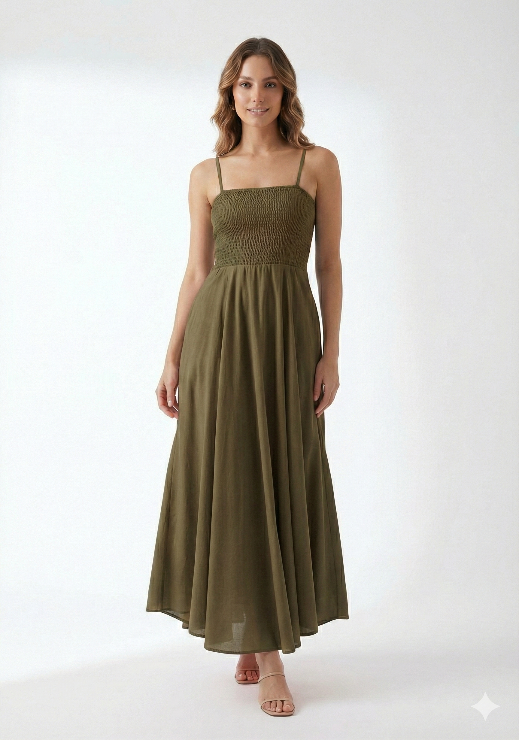 Women’s Rayon Mehandi Smocked Bobbin Gown with Spaghetti Strap
