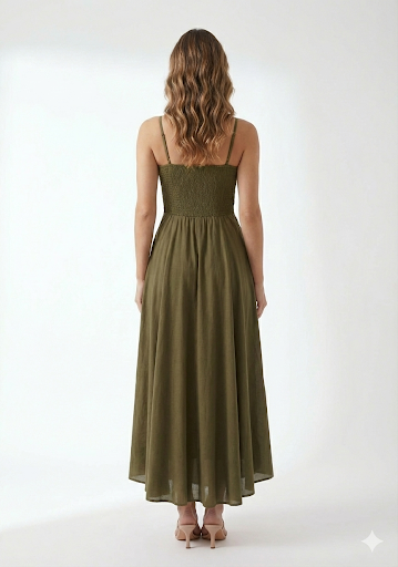 Women’s Rayon Mehandi Smocked Bobbin Gown with Spaghetti Strap