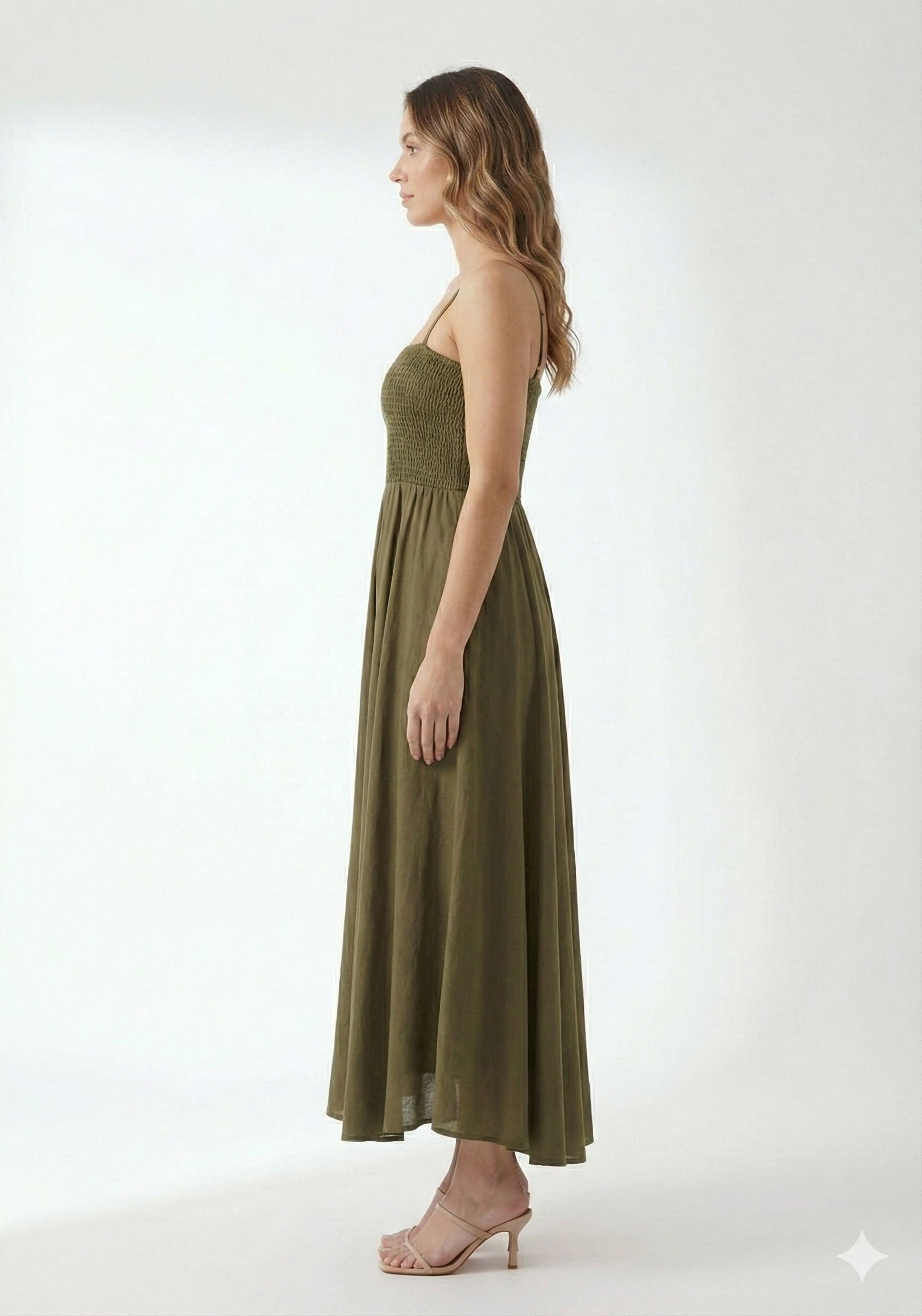 Women’s Rayon Mehandi Smocked Bobbin Gown with Spaghetti Strap