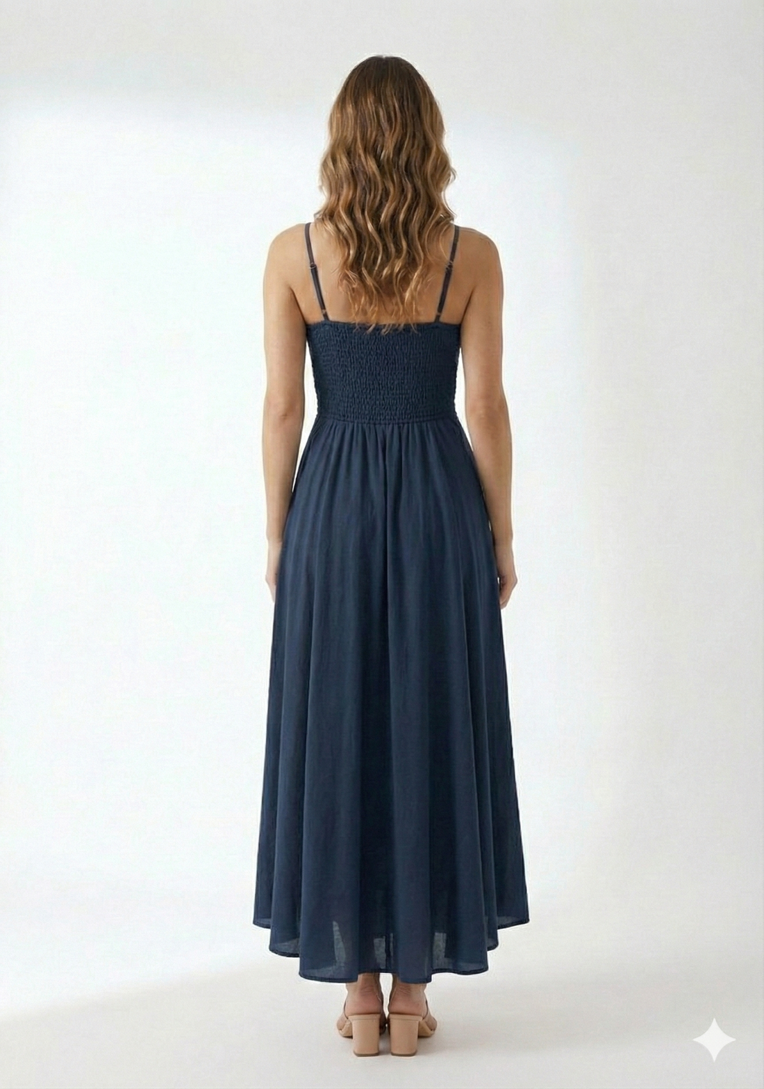 Women’s Rayon Navy Blue Smocked Bobbin Gown with Spaghetti Strap