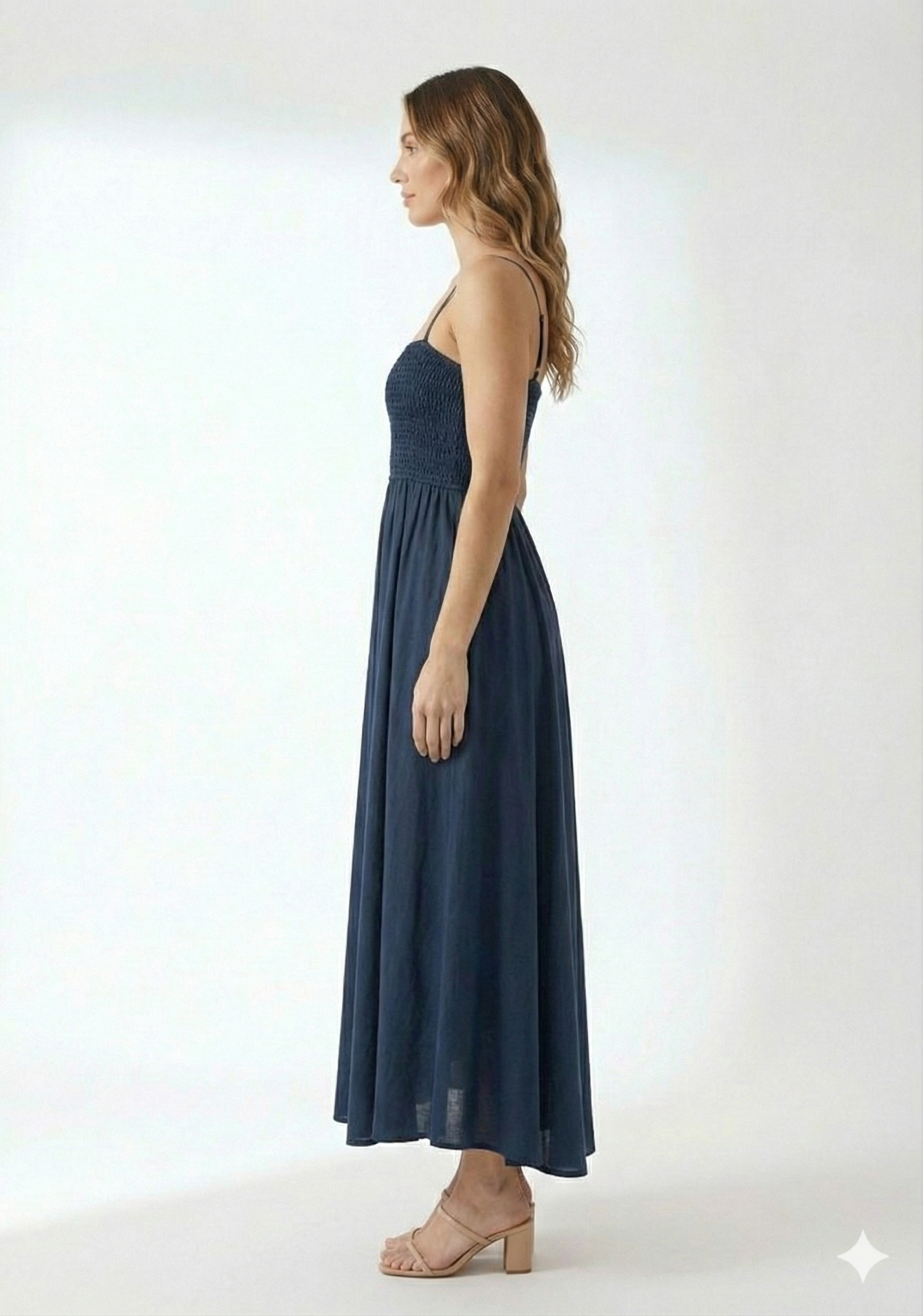 Women’s Rayon Navy Blue Smocked Bobbin Gown with Spaghetti Strap