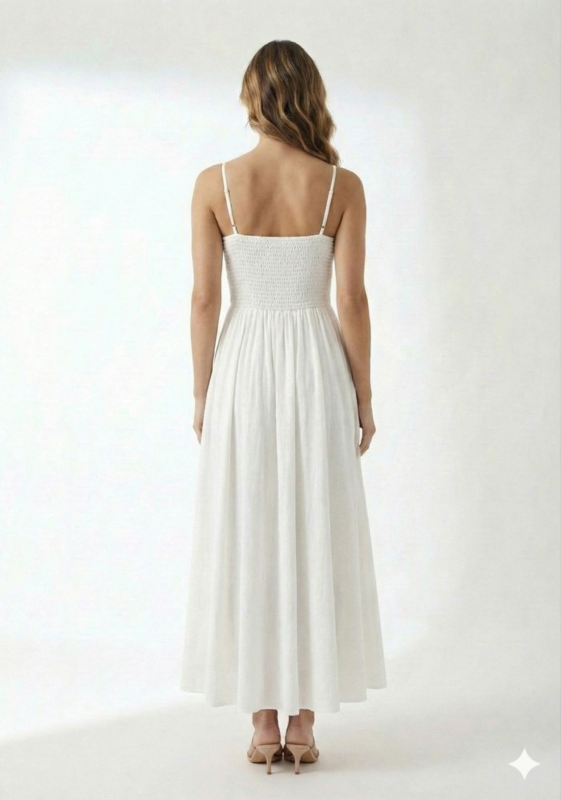 Women’s Rayon White Smocked Bobbin Gown with Spaghetti Strap