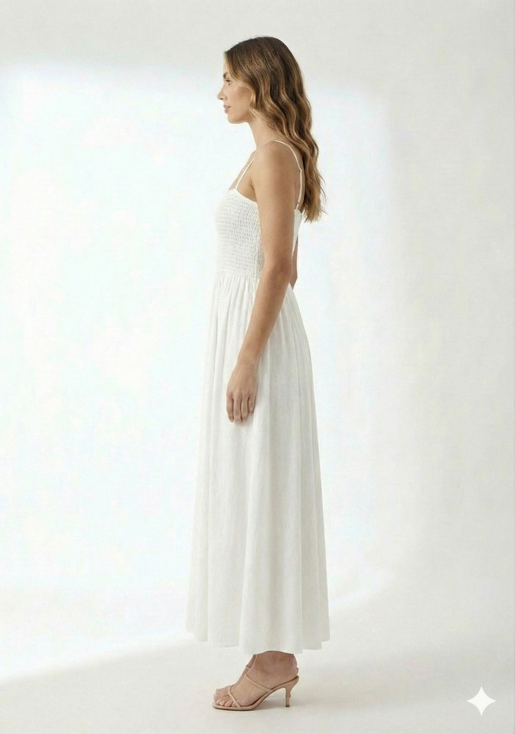 Women’s Rayon White Smocked Bobbin Gown with Spaghetti Strap