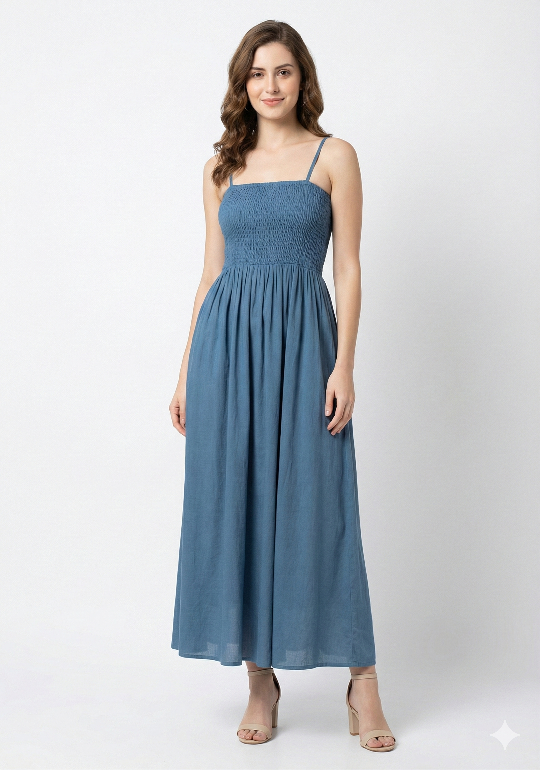 Women’s Rayon Blue Smocked Bobbin Gown with Spaghetti Strap
