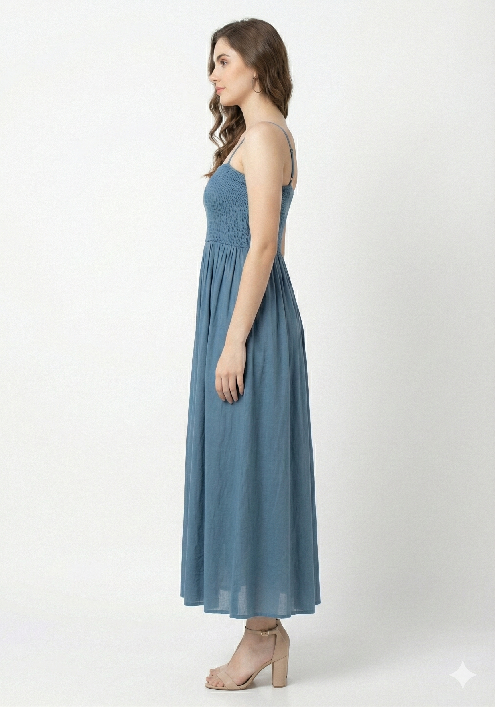 Women’s Rayon Blue Smocked Bobbin Gown with Spaghetti Strap
