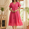 Women’s Dark Pink Chanderi Umbrella Style A-Line Dress with Drawstring Waist