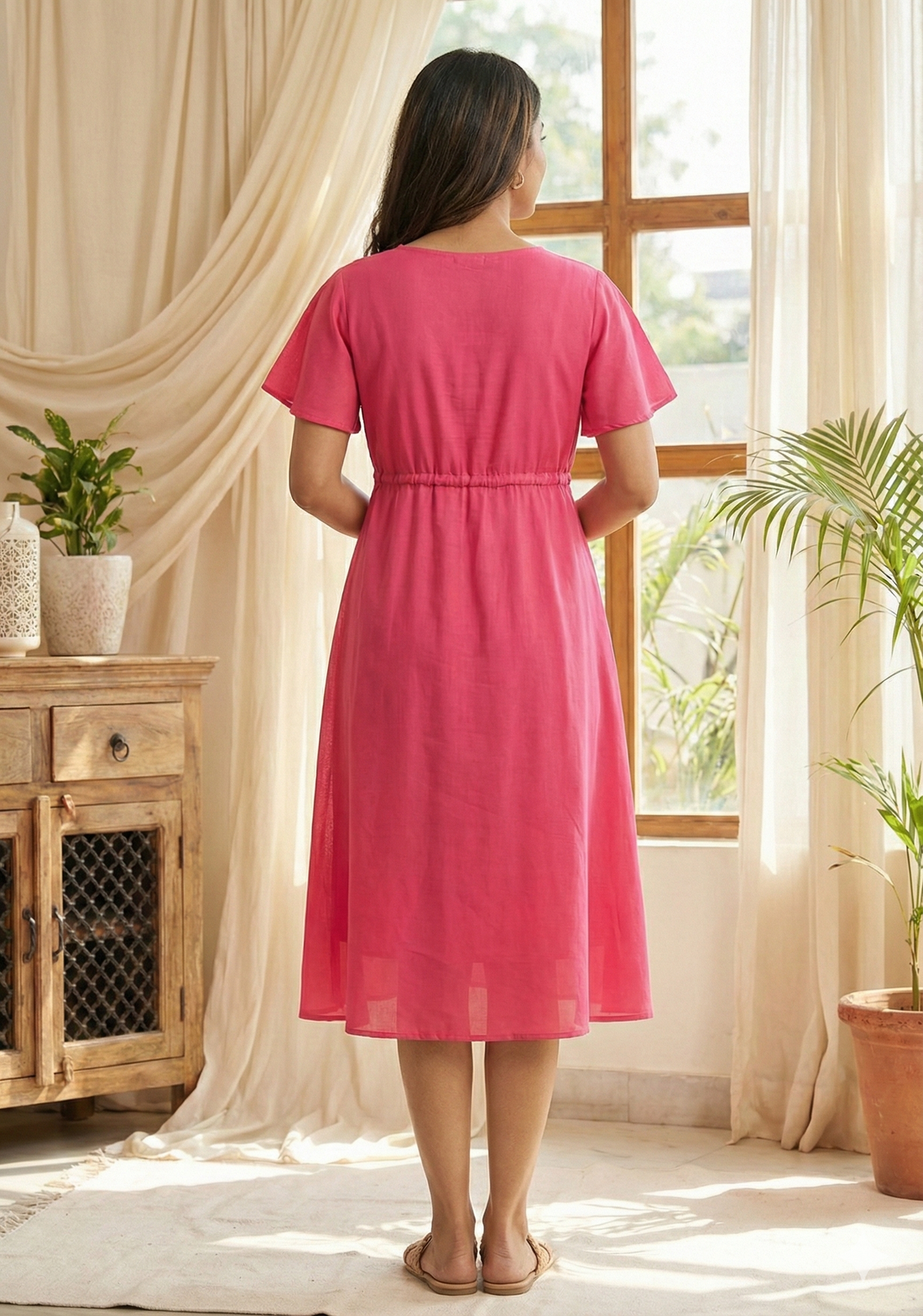 Women’s Dark Pink Chanderi Umbrella Style A-Line Dress with Drawstring Waist
