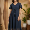 Women’s Navy Blue Chanderi Umbrella Style A-Line Dress with Drawstring Waist