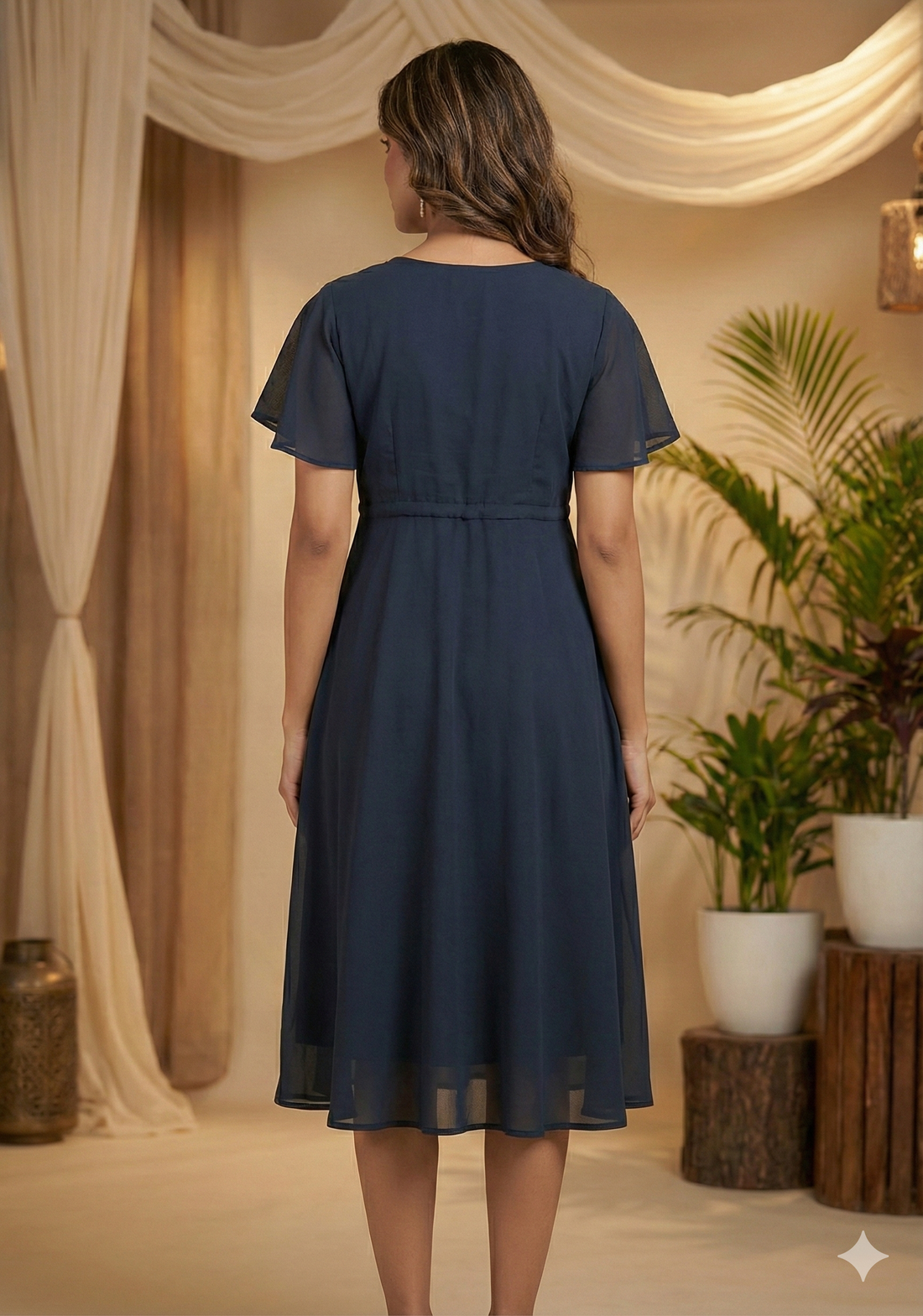 Women’s Navy Blue Chanderi Umbrella Style A-Line Dress with Drawstring Waist