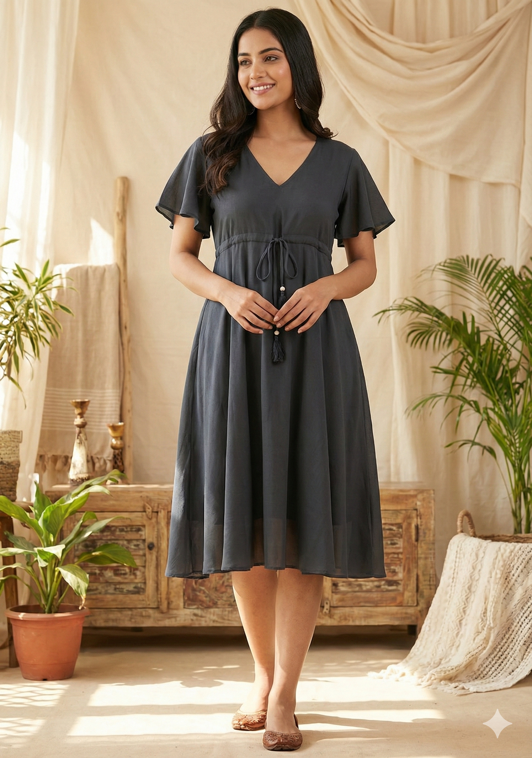 Women’s Grey Chanderi Umbrella Style A-Line Dress with Drawstring Waist