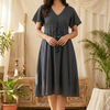 Women’s Grey Chanderi Umbrella Style A-Line Dress with Drawstring Waist