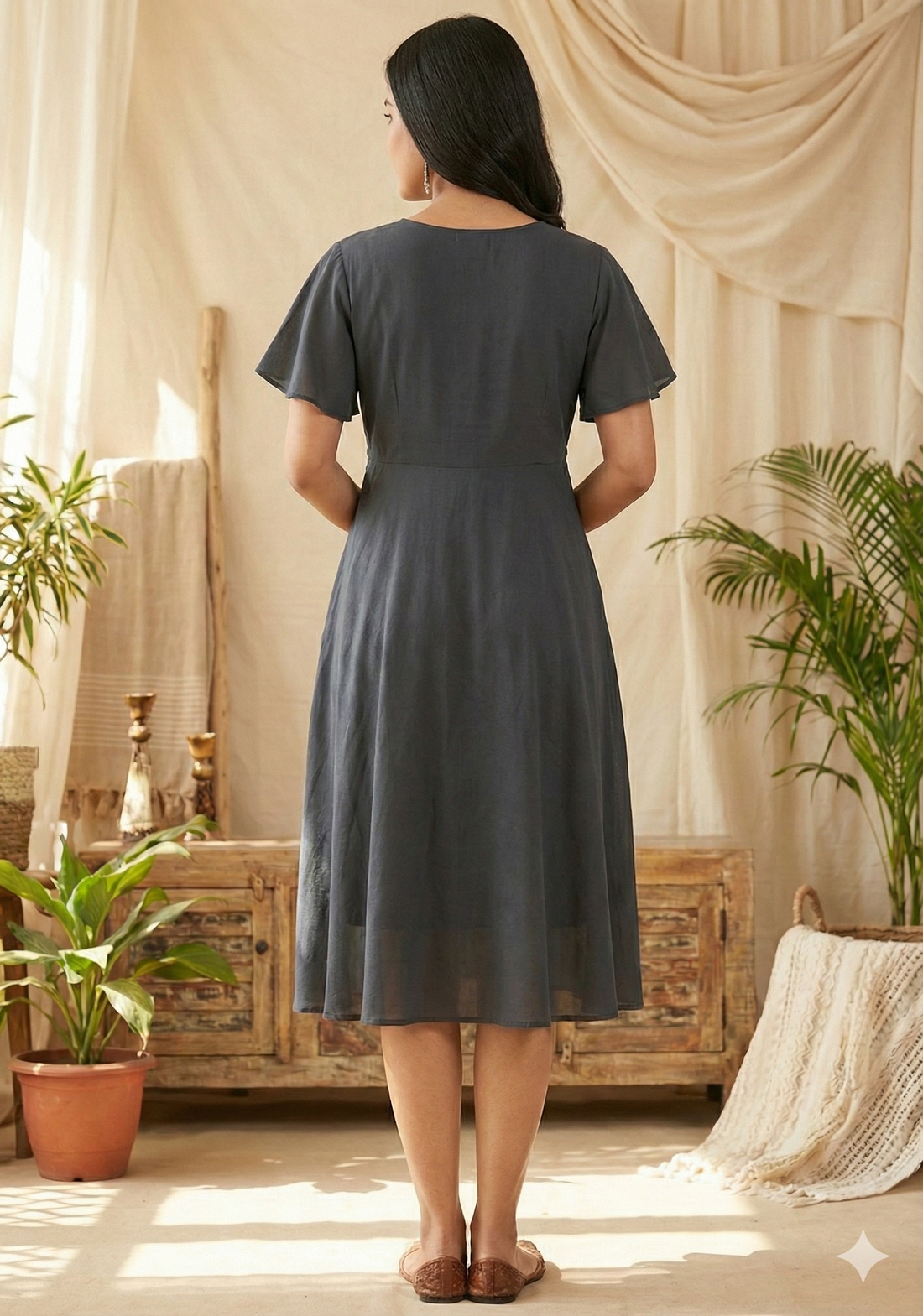 Women’s Grey Chanderi Umbrella Style A-Line Dress with Drawstring Waist