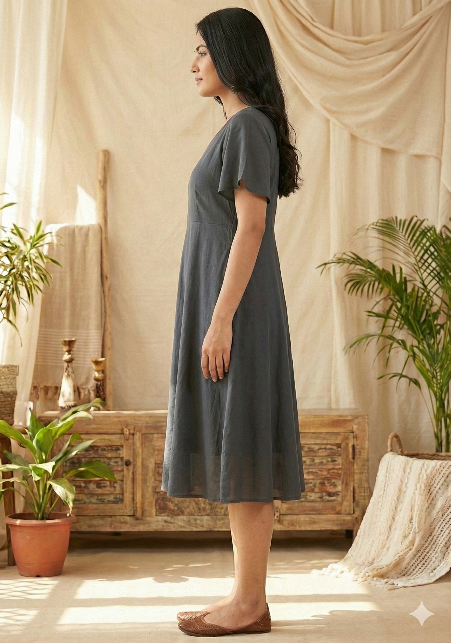 Women’s Grey Chanderi Umbrella Style A-Line Dress with Drawstring Waist