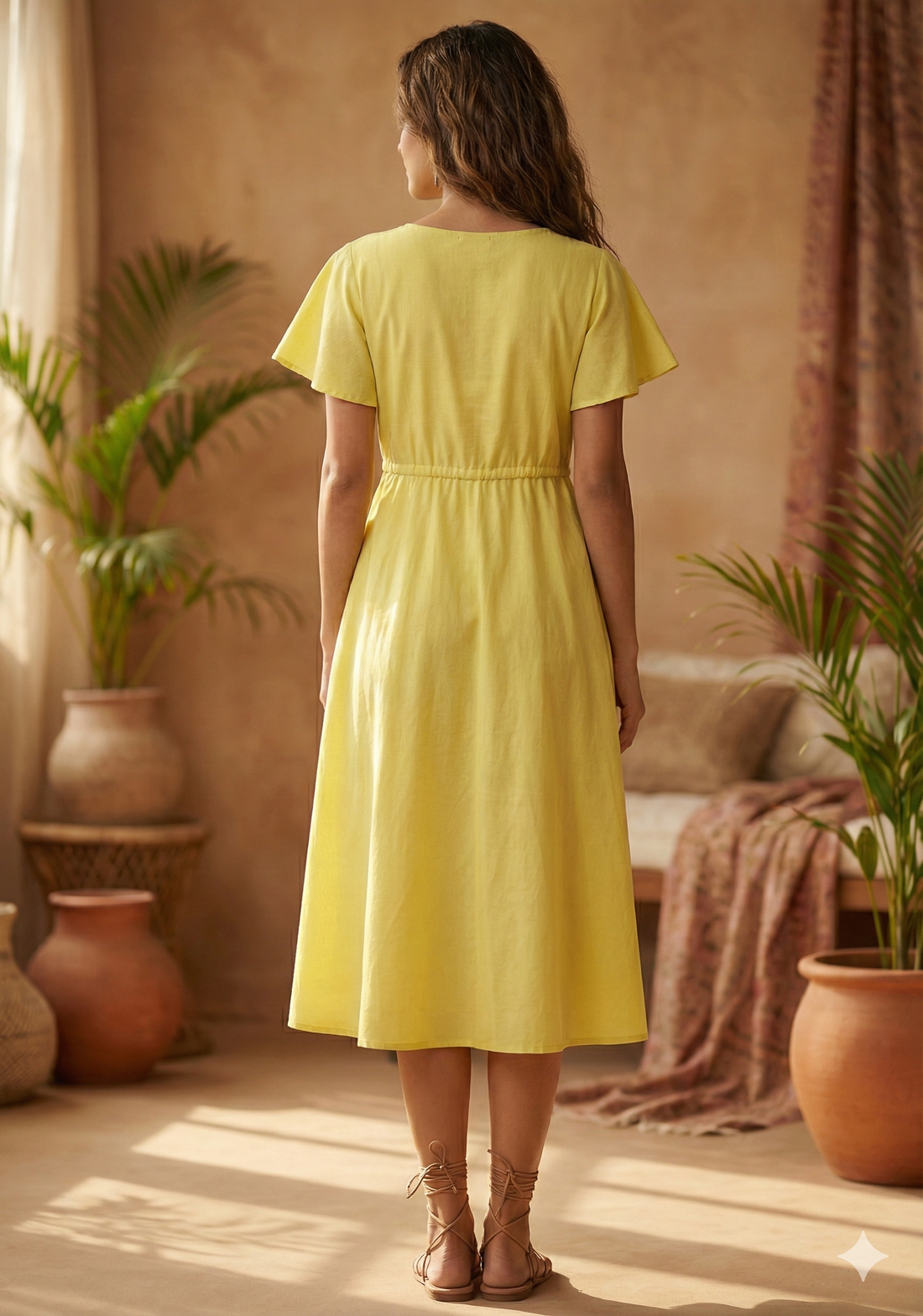 Women’s Yellow Chanderi Umbrella Style A-Line Dress with Drawstring Waist