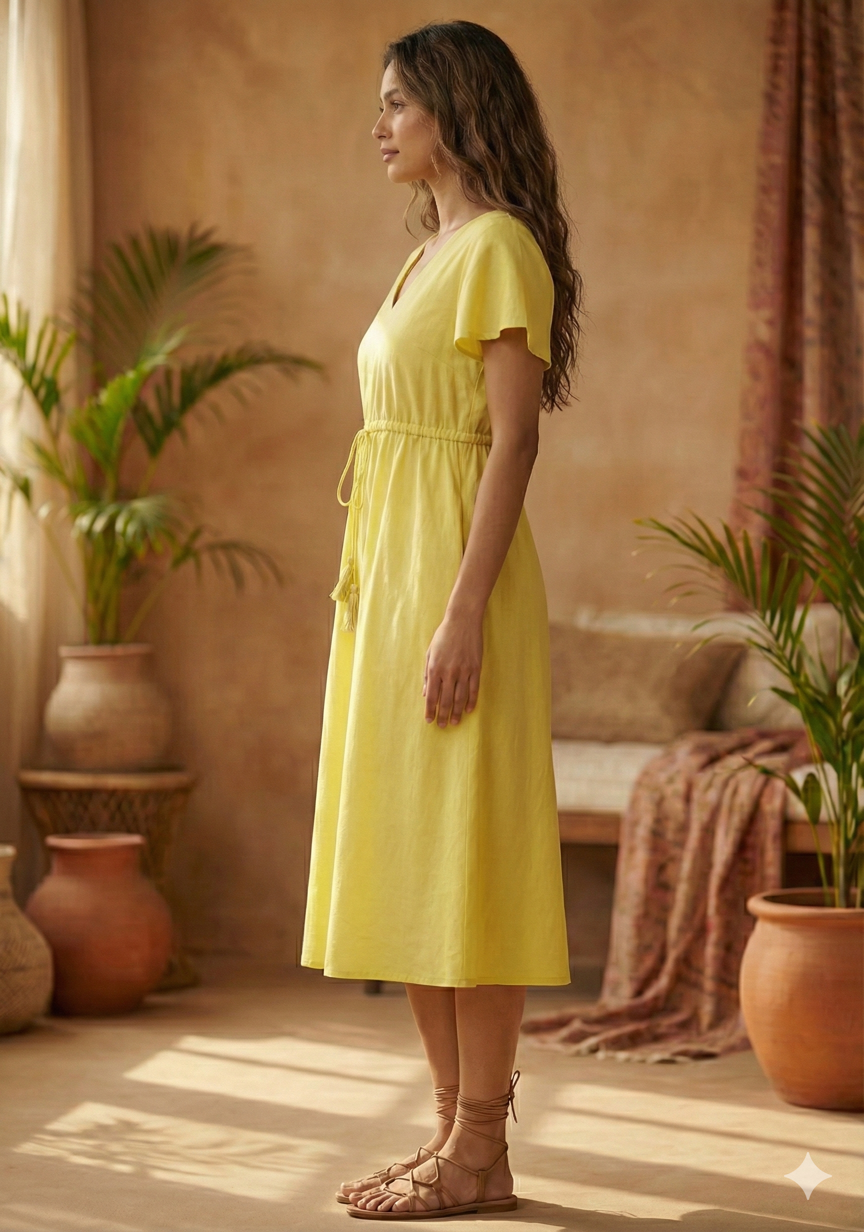 Women’s Yellow Chanderi Umbrella Style A-Line Dress with Drawstring Waist